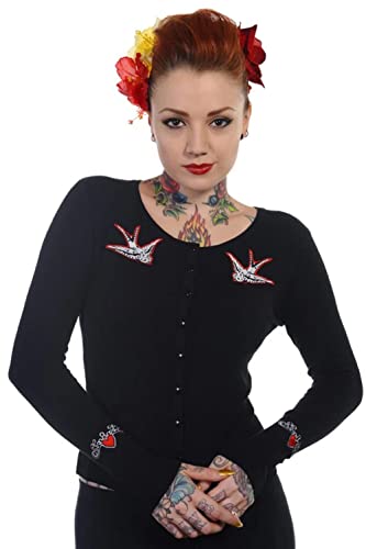 Hybrid cardigan met geborduurde harten en zwaluwen zwart - Vintage Rockabilly von Banned