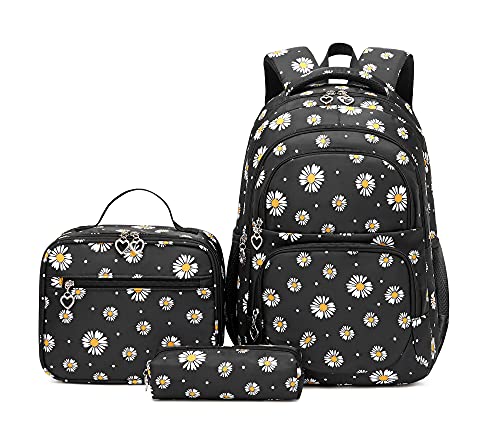 3-teiliges Mädchen-Rucksack-Set mit Lunchtasche für Kinder, Schultasche, Büchertasche, 3 x Gänseblümchen-Schwarz, 3Pcs Backpack Set, Modern von Bansusu