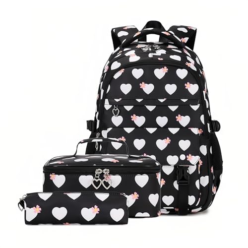 Mädchen-Rucksack-Set mit Lunchbox und Federmäppchen, Meerjungfrauen- oder Herz-Druck, 3-teilig, Herz-Schwarz, 18cm x 32cm x 45cm von Bansusu