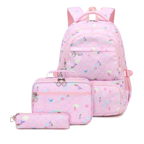 Mädchen-Rucksack-Set mit Lunchbox und Federmäppchen, Meerjungfrauen- oder Herz-Druck, 3-teilig, Meerjungfrau-Rosa von Bansusu