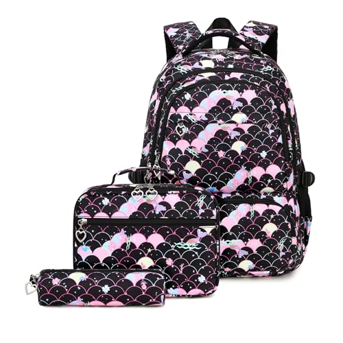 Mädchen-Rucksack-Set mit Lunchbox und Federmäppchen, Meerjungfrauen- oder Herz-Druck, 3-teilig, Meerjungfrau-Schwarz von Bansusu