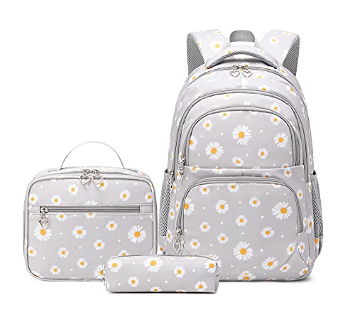 Mädchen-Rucksack mit isolierter Lunchbox, 3 Stück, Schultaschen, Büchertaschen für Mädchen mit Lunch-Tasche, 3 Stück Gänseblümchen-Grau, 3Pcs Backpack Set, Modern von Bansusu