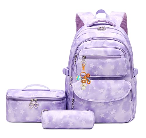 Mädchen-Rucksack mit isolierter Lunchbox-Kombination, 3 Stück, Schultaschen, Büchertaschen für Mädchen, mit Lunchtasche, 3 Stück - Stern-Lila, 3Pcs Backpack Set, Modern von Bansusu