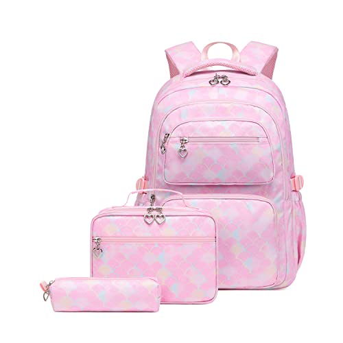 Mädchen-Rucksack mit isolierter Lunchbox-Kombination, 3 Stück, Schultaschen, Büchertaschen für Mädchen, mit Lunchtasche, 3 Stücke-Meerjungfrau-Rosa, 3Pcs Backpack Set, Modern von Bansusu