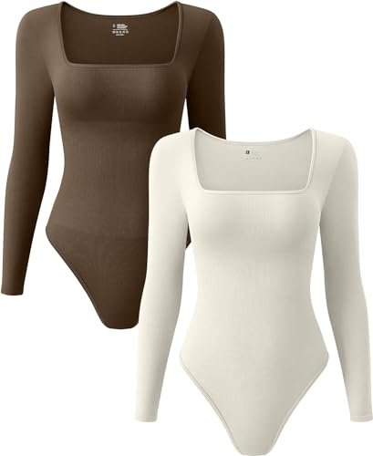 Women's Ribbed Bodysuit 2-Piece Set - Square Neck, Long Sleeve, Sexy & Slimming (Coffee Beige, S) von BaoBaJiu