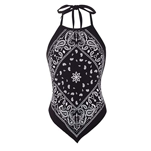 Baodan Ärmellose Sexy Paisley Bandana Halter Top Schnürhemd Bluse Backless Turtleneck Oberteile Triangle Tank Top A-Schwarz M von Baodan