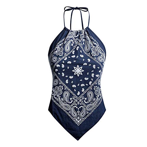 Baodan Ärmellose Sexy Paisley Bandana Halter Top Schnürhemd Bluse Backless Turtleneck Oberteile Triangle Tank Top Marine S von Baodan