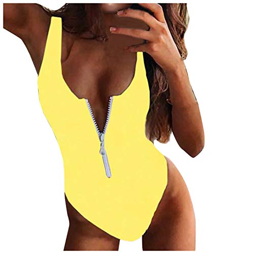 Baodan Einteiliger Damen-Bikini, EIN Badeanzug mit Reißverschluss, einteiliger Badeanzug Gelb XL von Baodan