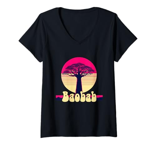 Damen Baobabbaum, Affenbrotbaum, Affenbrotbaum, Afrikanischer Retro-Sonnenuntergang T-Shirt mit V-Ausschnitt von Baobab Tree African Sunset Baobab Chonk Tree