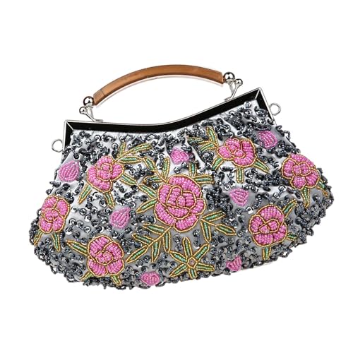 Baoblaze Abend-Clutch für Damen, formell, mit Blumenmuster und Perlen Bestickt, für Veranstaltungen und Partys, Grau Rosa von Baoblaze