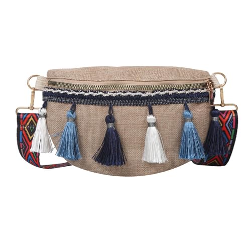 Baoblaze Böhmische Bauchtasche, Brusttasche mit Quasten, Damen-Geldbörse, ethnische Umhängetasche, Hüfttasche für Strand, Reisen, Urlaub, Frühlingsfest, Blau von Baoblaze