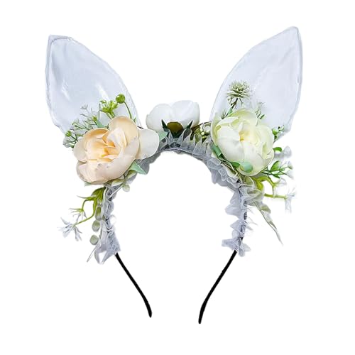 Baoblaze Osterhasen-Ohren-Stirnband, Kopfbedeckung für Frauen und Mädchen, Blumen-Haarband, Haarschmuck, Haarreifen für Halloween, Hochzeit, Geburtstag, Weiß von Baoblaze