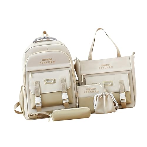 Baoblaze Rucksack Set, 5 Teilig, ästhetische Schultaschen, Niedliches Rucksack Set mit Umhängetasche, Bleistiftbeutel, Handtasche, Geldbörse, Beige von Baoblaze