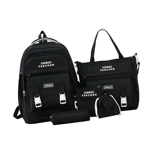 Baoblaze Rucksack Set, 5 Teilig, ästhetische Schultaschen, Niedliches Rucksack Set mit Umhängetasche, Bleistiftbeutel, Handtasche, Geldbörse, Schwarz von Baoblaze