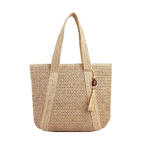 Baoblaze Strandtasche Damen Groß Stroh, Korbtasche Geflochten mit Reißverschluss, Sommer Gewebte Handtasche,Gewebte Umhängetaschen, Eimer Korbtasche für Outdoor Reise Arbeit Einkaufen Party, Beige von Baoblaze