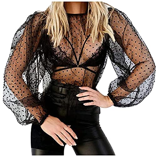 BaoDan Sexy Polka Dot Shirt Damen Tank Top Bluse Transparente Partykleidung Dünne Tops Shirt Sommer Langarm Puffärmel Weste BH Tops D-Schwarz S von Baodan