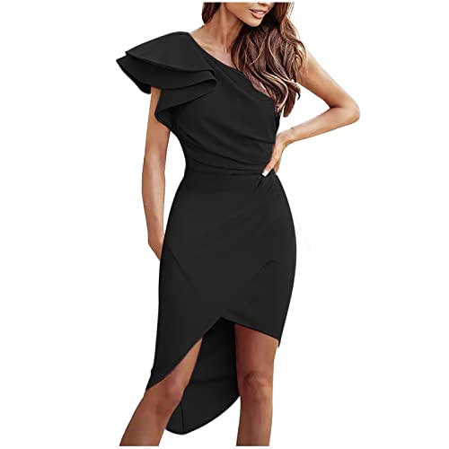 Baodan Damen Sommermode Elegantes EIN-Schulter-Cocktailkleid Rüschenärmel Schlitz Wrap Rüschen Bodycon Kurze Partykleider von Baodan