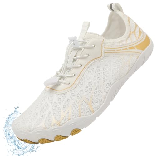 Aquaschuhe Wasserschuhe Herren Damen Barfußschuhe Outdoor Unisex Strandschuhe Badeschuhe Schwimmschuhe Sommer Schnell Trocknen Surfschuhe Weiß Gold 46 von Baodenvi