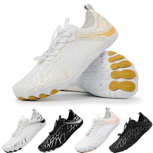 Schwimmschuhe Herren Wasserschuhe Damen 41 Badeschuhe Barfußschuhe Strandschuhe Aquaschuhe Unisex Sommer Schnell Trocknen Surfschuhe Weiß Gold Outdoor von Baodenvi