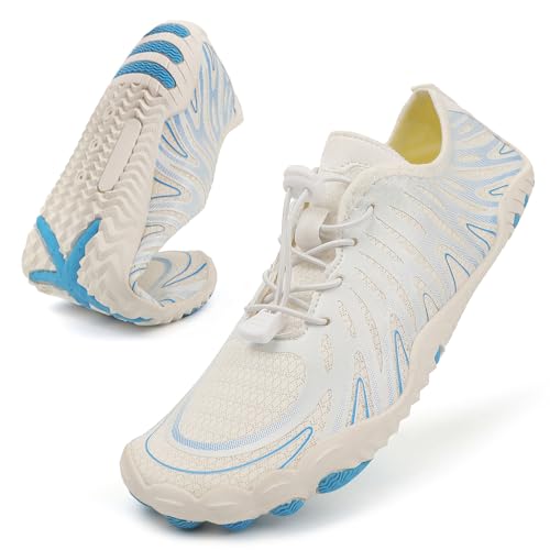 Baofular Badeschuhe Damen Barfußschuhe Herren Barfuss Wasserschuhe Schwimmschuhe Aquaschuhe Sommer Schnell Trocknend Strandschuhe für Surfen Tauchen Weiß Blau 41 EU von Baofular