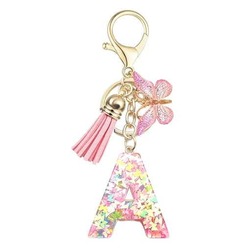 Baofuwan Schlüsselanhänger mädchen Frauen Buchstabe Schlüsselanhänger key chain mit Anfangsbuchstaben Schmetterling Quaste Rosa Blau Golden für Geldbeutel Handtaschen Schultasche von Baofuwan