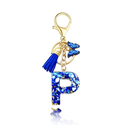 Baofuwan Schlüsselanhänger mädchen Frauen Buchstabe Schlüsselanhänger key chain mit Anfangsbuchstaben Schmetterling Quaste Rosa Blau Golden für Geldbeutel Handtaschen Schultasche von Baofuwan