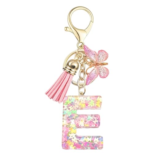 Baofuwan Schlüsselanhänger mädchen Frauen Buchstabe Schlüsselanhänger key chain mit Anfangsbuchstaben Schmetterling Quaste Rosa Blau Golden für Geldbeutel Handtaschen Schultasche von Baofuwan