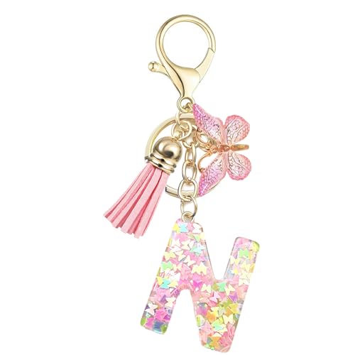 Baofuwan Schlüsselanhänger mädchen Frauen Buchstabe Schlüsselanhänger key chain mit Anfangsbuchstaben Schmetterling Quaste Rosa Blau Golden für Geldbeutel Handtaschen Schultasche von Baofuwan