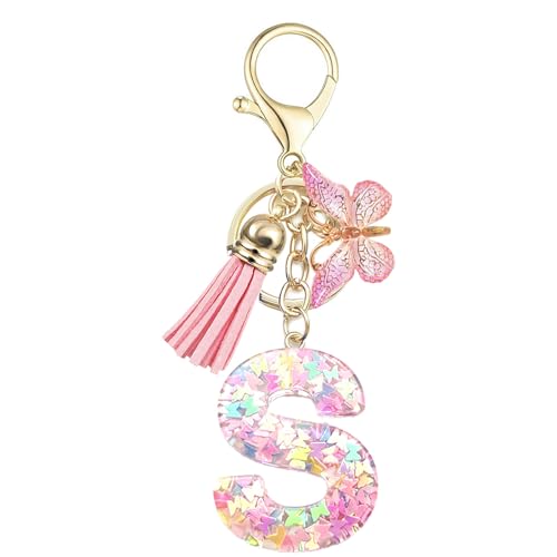 Baofuwan Schlüsselanhänger mädchen Frauen Buchstabe Schlüsselanhänger key chain mit Anfangsbuchstaben Schmetterling Quaste Rosa Blau Golden für Geldbeutel Handtaschen Schultasche von Baofuwan