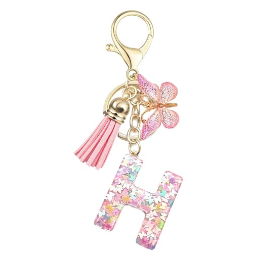 Baofuwan Schlüsselanhänger mädchen Frauen Buchstabe Schlüsselanhänger key chain mit Anfangsbuchstaben Schmetterling Quaste Rosa Blau Golden für Geldbeutel Handtaschen Schultasche von Baofuwan