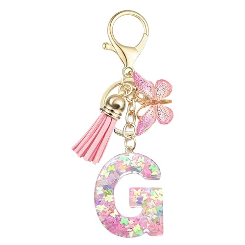 Baofuwan Schlüsselanhänger mädchen Frauen Buchstabe Schlüsselanhänger key chain mit Anfangsbuchstaben Schmetterling Quaste Rosa Blau Golden für Geldbeutel Handtaschen Schultasche von Baofuwan