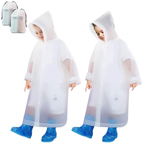 Baogaier 2 Stück Kinder Regenponcho, EVA Wiederverwendbar Wasserdicht Regencape mit Kapuze, Weiß Atmungsaktiv Regenschutz Regenmantel für Mädchen Jungen Wandern Camping Reisen von Baogaier