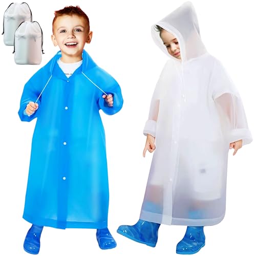 Baogaier 2 Stück Regenponcho Kinder, EVA Wiederverwendbar Wasserdicht Regencape mit Kapuze, Atmungsaktiv Regenschutz Regenmantel für Mädchen Jungen Wandern Camping Reisen, Weiß Blau von Baogaier