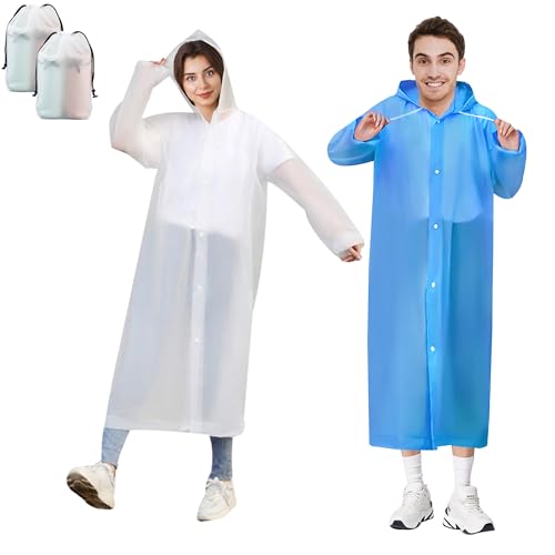 Baogaier 2 Stück Unisex Erwachsene Regenponcho Wiederverwendbar Lang Regenponcho Wasserdicht, Faltbar Regenjacke mit Kaputze Damen Herren für Wandern Konzert Festival, Weiß und Blau von Baogaier