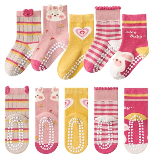 Baogaier 5 Paar Kinder Stoppersocken Mädchen Baumwolle Atmungsaktiv Kuschelsocken Anti Rutsch Schulkind Socken Rosa Gelb Hase Herzmuster Rutschfeste Sportsocken für 6-8 Jahre, 29-32EU von Baogaier