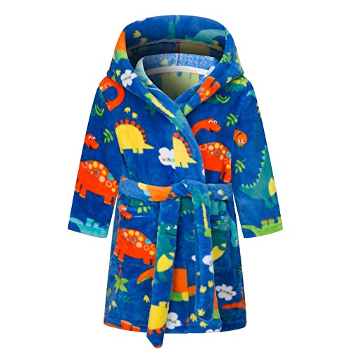 Baogaier Bademantel Kapuze Jungs Dinosaurier Blau Frottee Bademantel Flanell Lange Ärmel Weiche Bequeme Schlafoveralls Pyjama Taillengürtel Netter Tier Muster Kinder Alter 5-6 Jahre von Baogaier