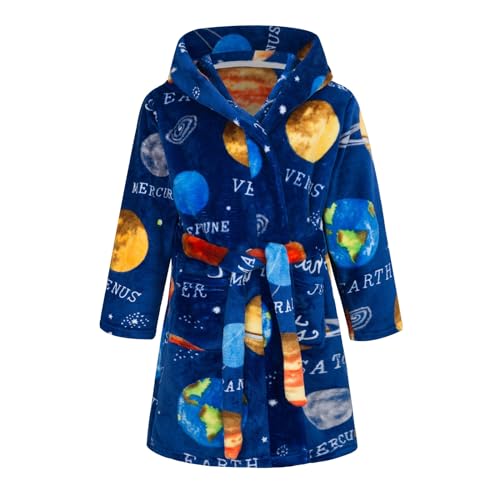 Baogaier Bademantel Kinder Jungen Flanell Lange Ärmel Weiche Bequeme kinderbademantel mit Kapuze Schlafoveralls Pyjama Taillengürtel Planet Blau Robe, Gr.116-122 von Baogaier