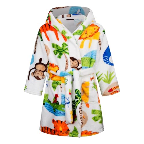 Baogaier Bademantel Kinder Jungen mit Kapuze Flanell, Unisex Morgenmantel Hoodie Roben Weichen Pyjamas Warmen Nachtwäsche Bathrobe Alter 4-5 Jahre,Gr.104-110 Weiß Affe mit Tiermuster von Baogaier
