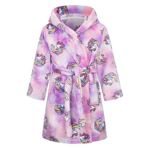 Baogaier Bademantel Kinder Mädchen mit Kapuze, Morgenmantel Flanell Lila Einhorn Nachtwäsche Bathrobe Lange Ärmel Weiche Schlafoveralls Pyjama Taillengürtel Gr.98-104 von Baogaier