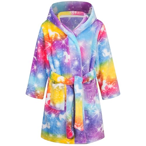 Baogaier Bademantel Mädchen Fleece mit Kapuze, Kinder Flanell Weich Flauschig Morgenmantel Kuschelig Lang Roben Weich Dressing Gown Warm Pyjama, Gr.116-122 Farbig Einhorn Tiere von Baogaier