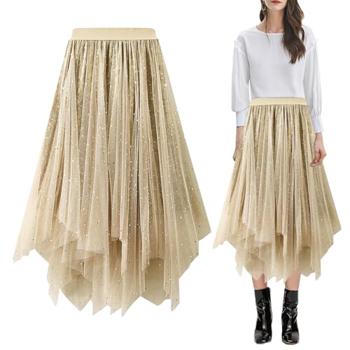 Baogaier Damen Pailletten Rock Tüll Elastisch Mesh Faltenrock Aprikose Elegante Hohe Taille Tüllrock A Linie Tutu Midirock Gefüttert Lagenrock Faltenkleid Fasching Party Karneval Kostüm von Baogaier