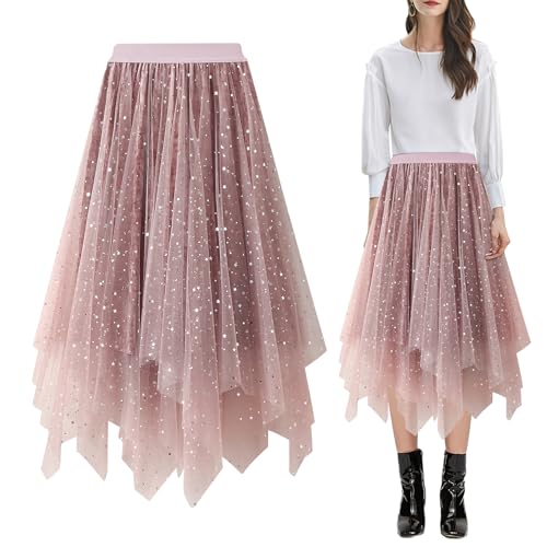 Baogaier Damen Pailletten Tüll Rock Elastisch Mesh Faltenrock Rosa Elegante Hohe Taille Tüllrock A Linie Tutu Midirock mit Gefüttert Lagenrock Faltenkleid für Fasching Party Karneval von Baogaier