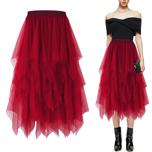 Baogaier Damen Rock Tüll Elastisch Mesh Faltenrock Rot Elegante Hohe Taille Tüllrock A Linie Tutu Midirock mit Gefüttert Lagenrock Faltenkleid Fasching Party Karneval Kostüm Damen von Baogaier