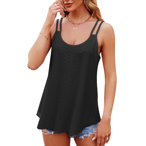 Baogaier Damen Tanktop Sommer Blusentop Spaghetti Oberteile Ärmellose Rundhalsausschnitt Sommershirt Cami Blusen top Spaghettiträger Basic Tank Tops Camisole Sommershirt, Schwarz,M von Baogaier