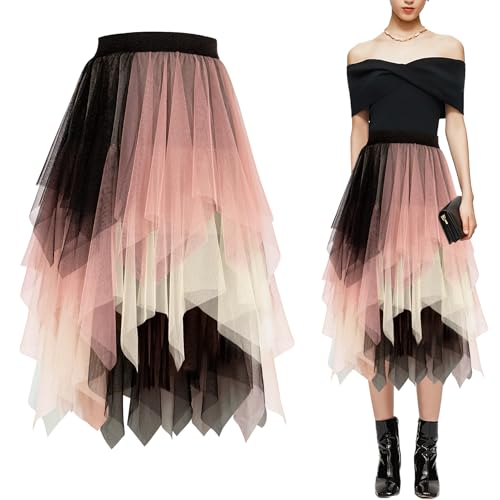 Baogaier Damen Tüll Rock Elastisch Mesh Faltenrock Elegante Hohe Taille Tüllrock A Linie Tutu Midirock mit Gefüttert Lagenrock Faltenkleid für Fasching Party Karneval, Rosa Weiß Schwarz von Baogaier