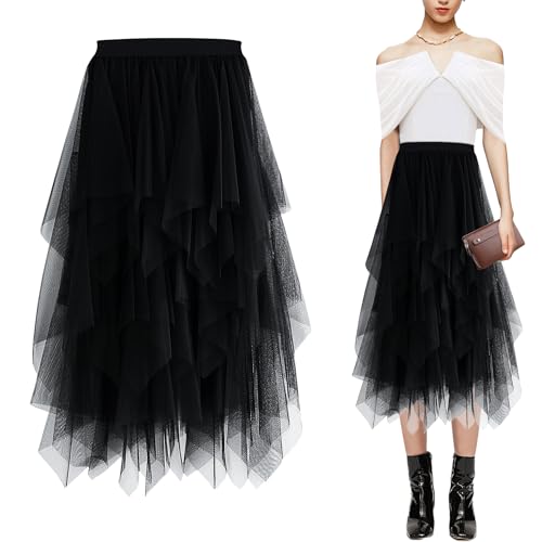 Baogaier Damen Tüll Rock Elastisch Mesh Faltenrock Schwarz Rock Elegante Asymmetrische Hohe Taille Tüllrock A Linie Tutu Midirock mit Gefüttert Lagenrock Faltenkleid Fasching Party Karneval Kostüm von Baogaier