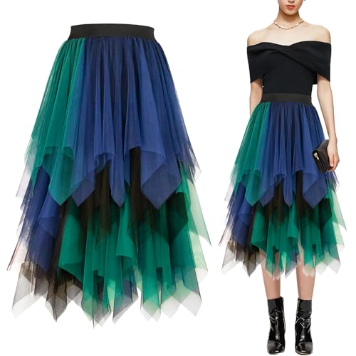 Baogaier Damen Tüllrock Asymmetrisch Röcke Unregelmäßiges Mesh Faltenrock, Elastisch Hohe Taille Midirock, Schwarz Blau Grün Tutu Rock Tüll Unterrock, Faltenrock Fasching Karneval Party von Baogaier