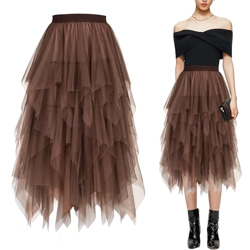 Baogaier Damen Tüllrock Elastisch Mesh Faltenrock Elegante Hohe Taille Tüll Rock Braun A Linie Tutu Midirock mit Gefüttert Lagenrock Faltenkleid Fasching Party Karneval Kostüm von Baogaier