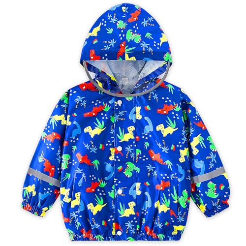 Baogaier Jungen Jacke Wasserdicht Softshelljacken Leicht Atmungsaktiv Mesh-Futter Übergangsjacke Reißverschluss Winddichte Blau Dinosaurier Kleinkind Outdoorjacke, Gr.92-98 von Baogaier