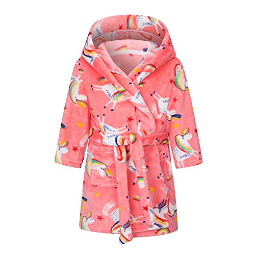 Baogaier Kinder Bademantel Kapuze Mädchen Einhorn Rainbow Pink Frottee Bademantel Flanell Lange Ärmel Weiche Bequeme Schlafoveralls Pyjama Taillengürtel Netter Tier Muster Alter 7-8 Jahre von Baogaier